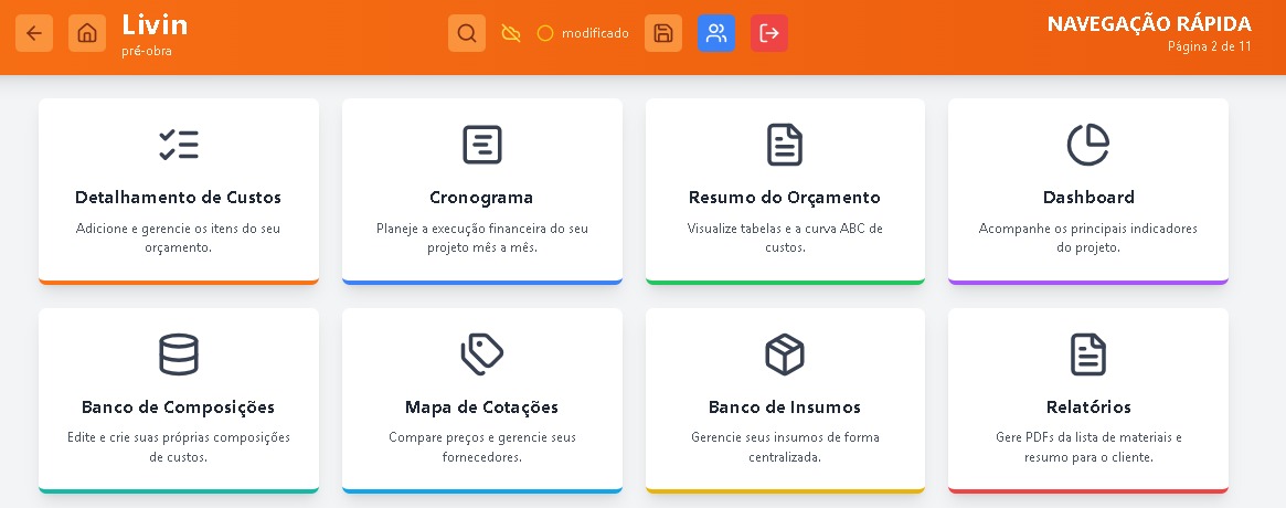 Interface do aplicativo Livin mostrando a gestão de projetos